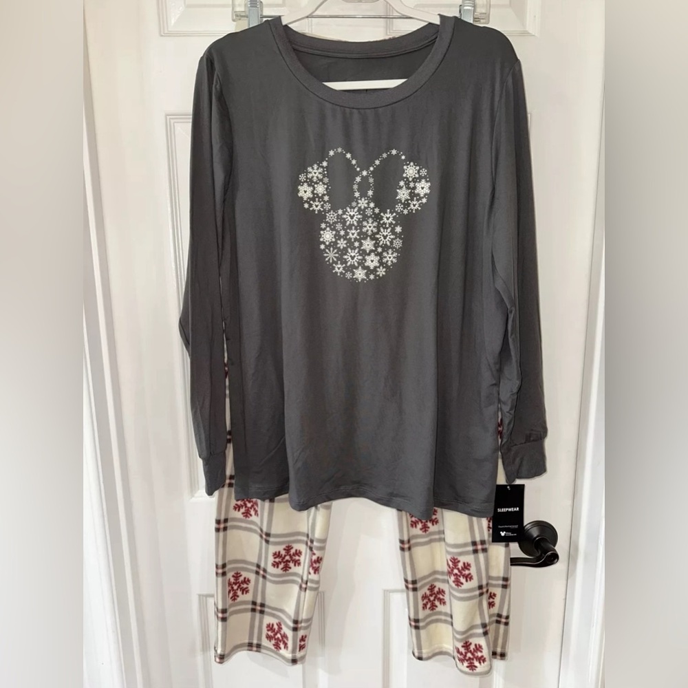 Disney Minnie Small Pajama Set Jersey Top Microfleece Pant Gray Cream Plaid NEW